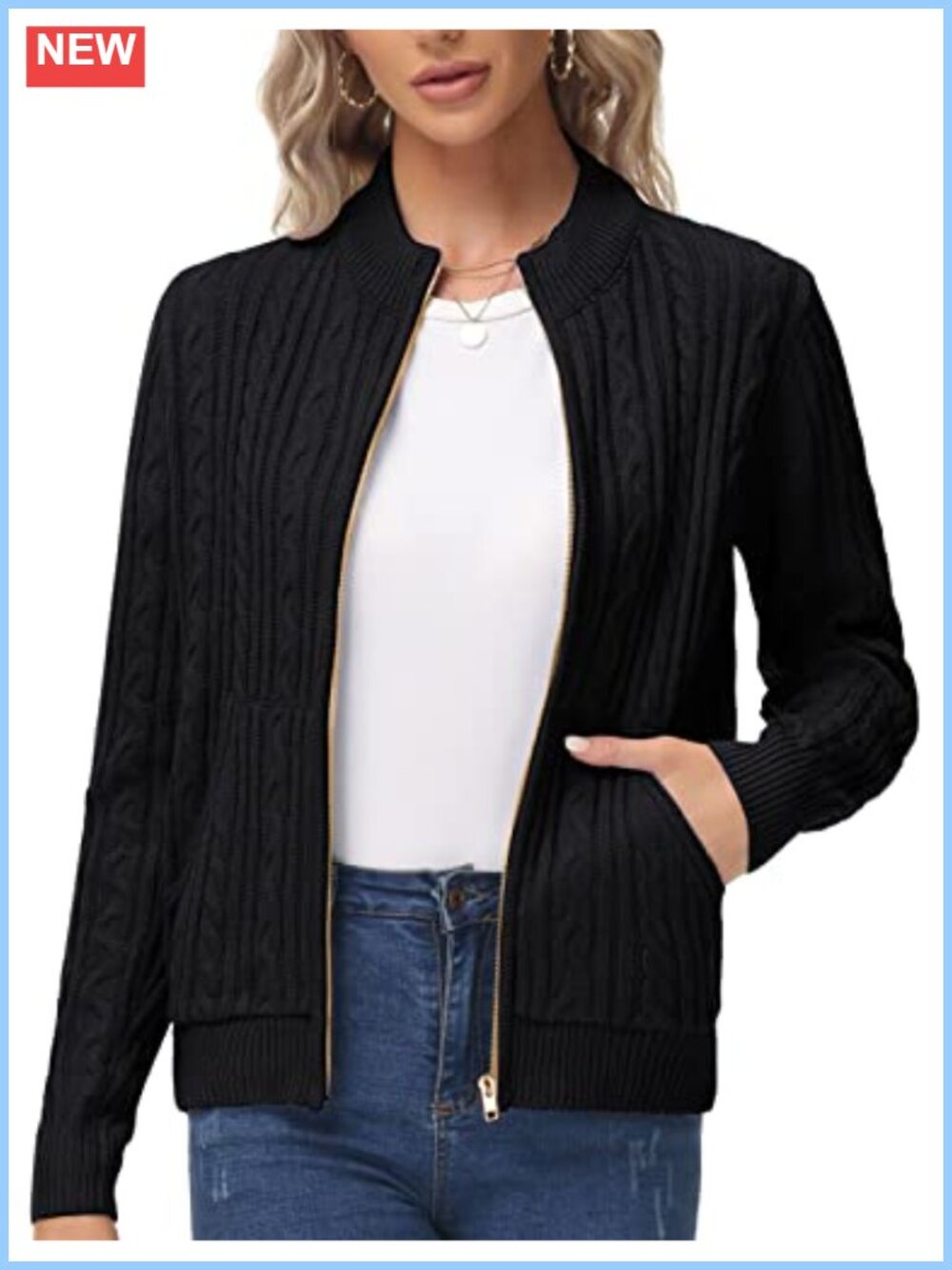 Chunky Cable Knit Zip Up Cardigan with Pockets Long Sleeve